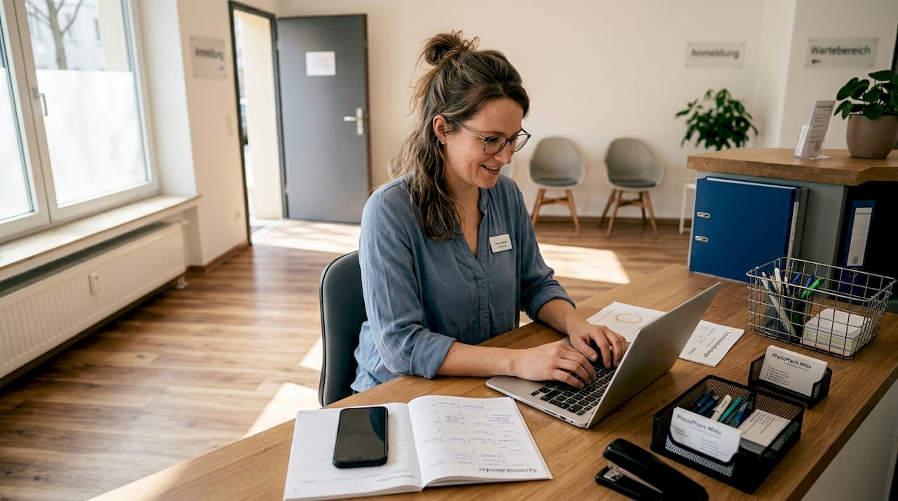 Eine Therapeutin arbeitet am Laptop an der Anmeldung.