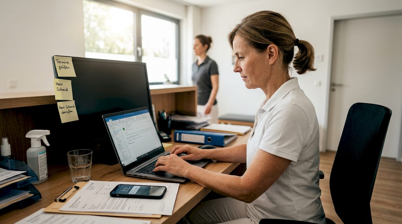 Die Therapeutin betreut ihre Patientinnen und Patienten digital direkt vom Empfangsbereich aus.