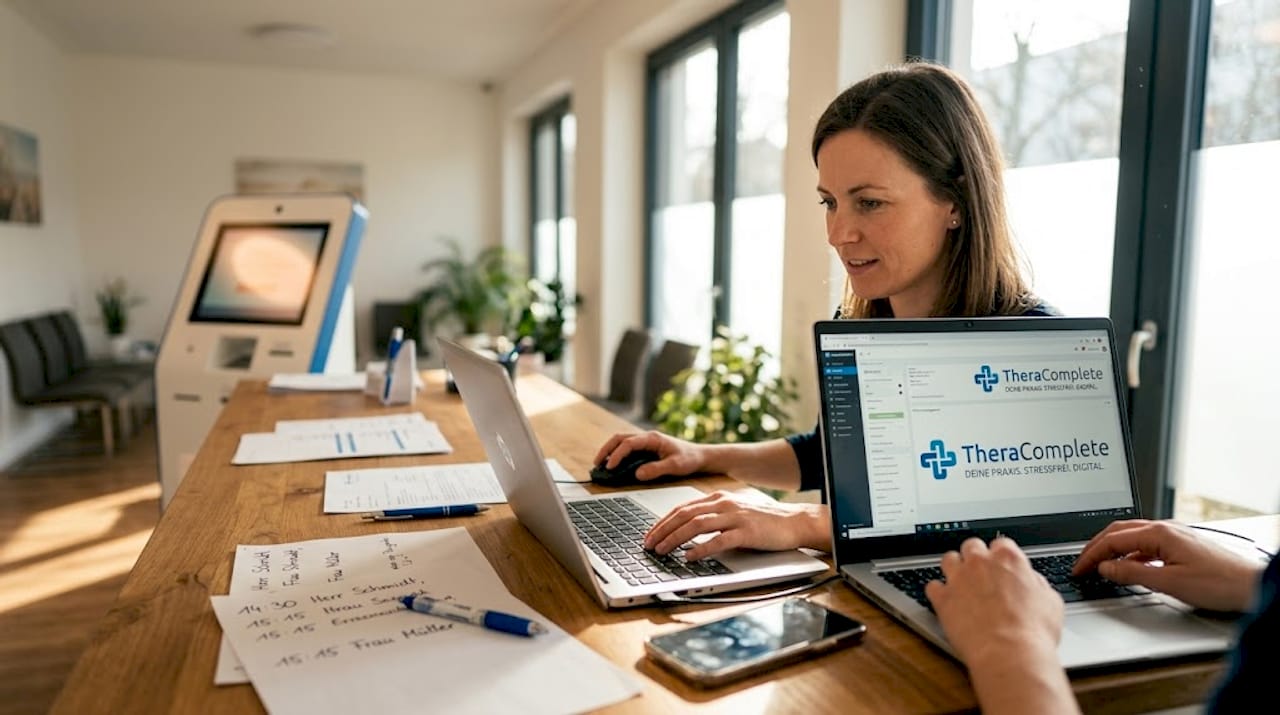 Unsere Empfangskraft sorgt mit digitaler Unterstützung für einen reibungslosen Ablauf in der Therapiepraxis.