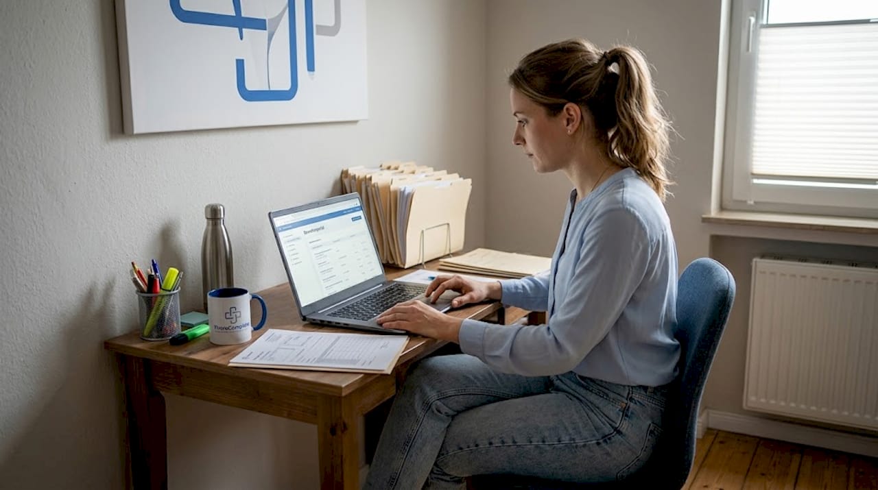 Eine Therapeutin sitzt in ihrem Büro und schaut sich Bewerbungen im Online-Portal an.