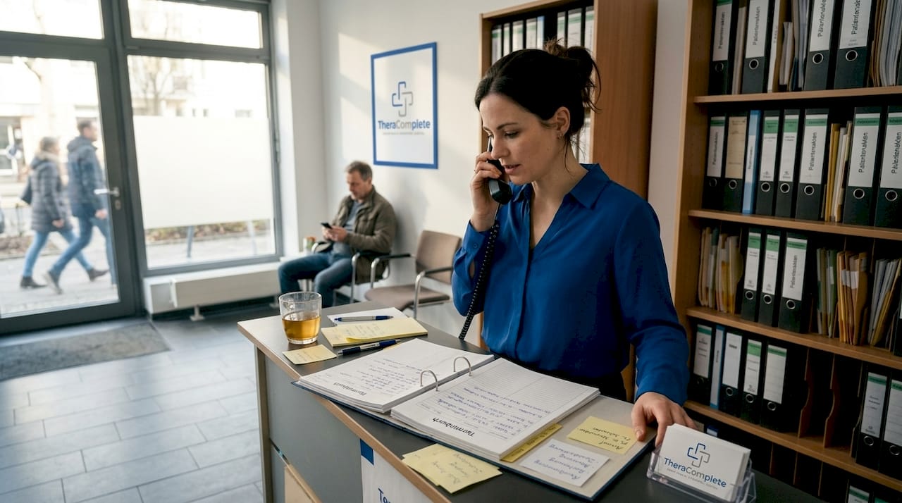 Am Empfang meldet sich eine Mitarbeiterin ans Telefon und nimmt den Anruf entgegen.