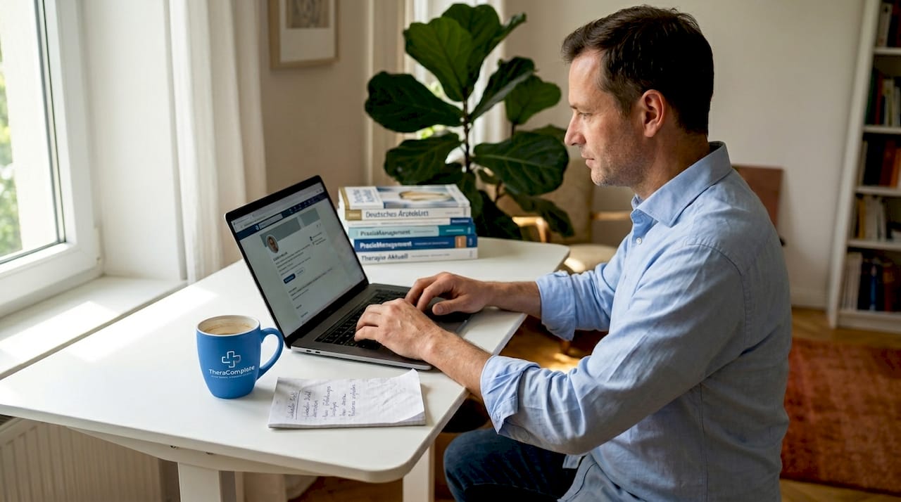 Ein Praxisinhaber optimiert sein LinkedIn-Profil bequem von zu Hause aus.