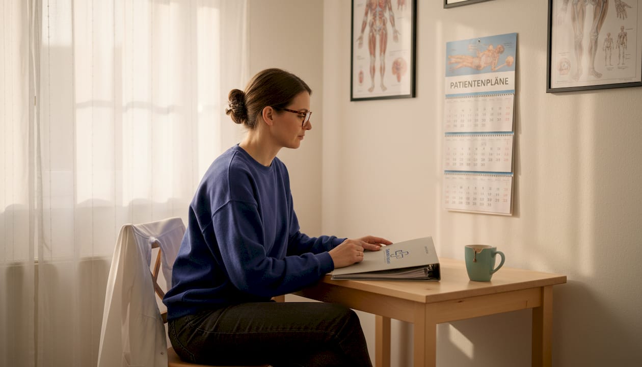 Eine Physiotherapeutin wirft am Empfang einen Blick auf ihren Terminplan.