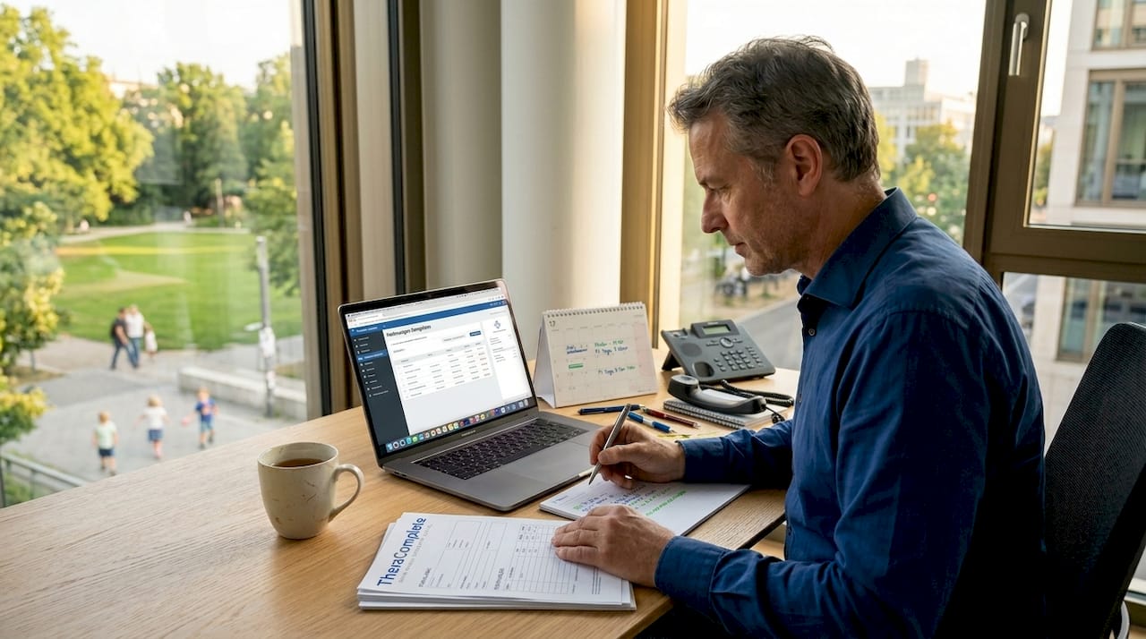 Der Praxisinhaber sitzt an seinem Schreibtisch und arbeitet konzentriert mit Laptop und Unterlagen.