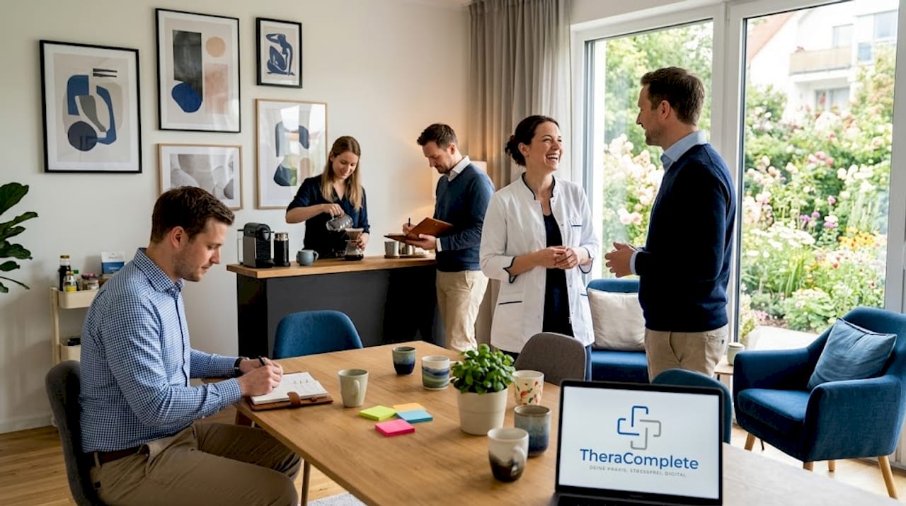 Das Praxisteam sitzt in lockerer Runde zusammen und tauscht sich informell über aktuelle Themen aus.
