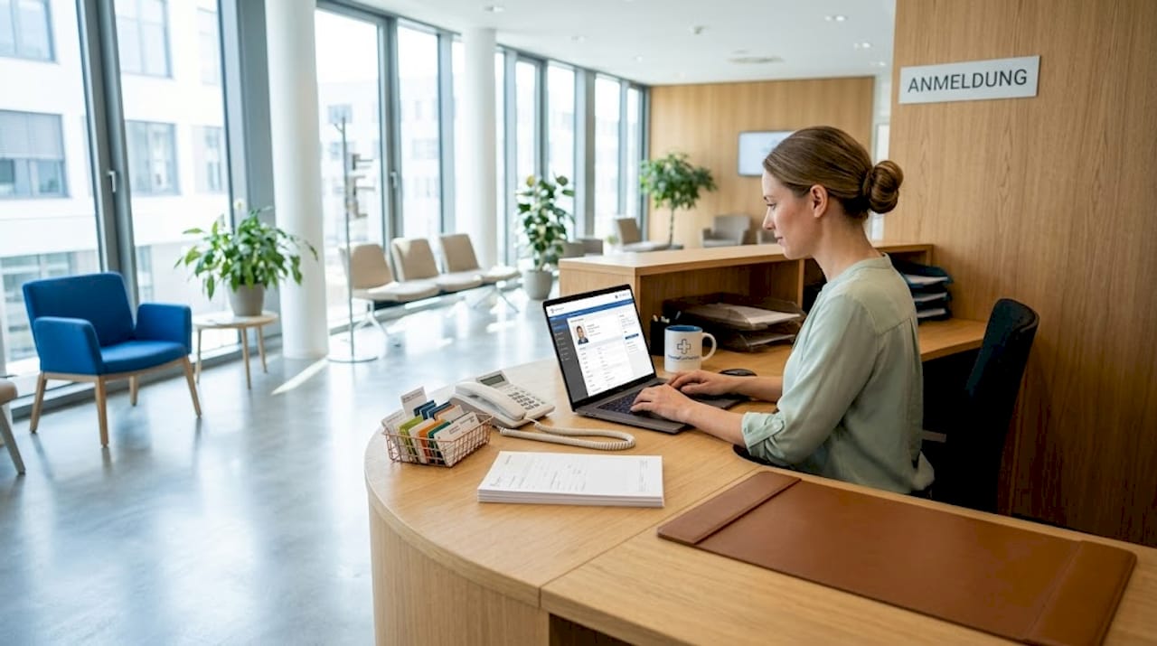 Moderne Rezeption einer digitalen Arztpraxis mit freundlicher Mitarbeiterin am Empfang