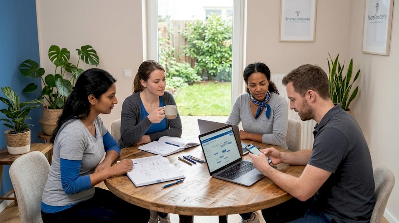 Das Therapeutenteam tauscht sich gemeinsam im Behandlungsraum aus.