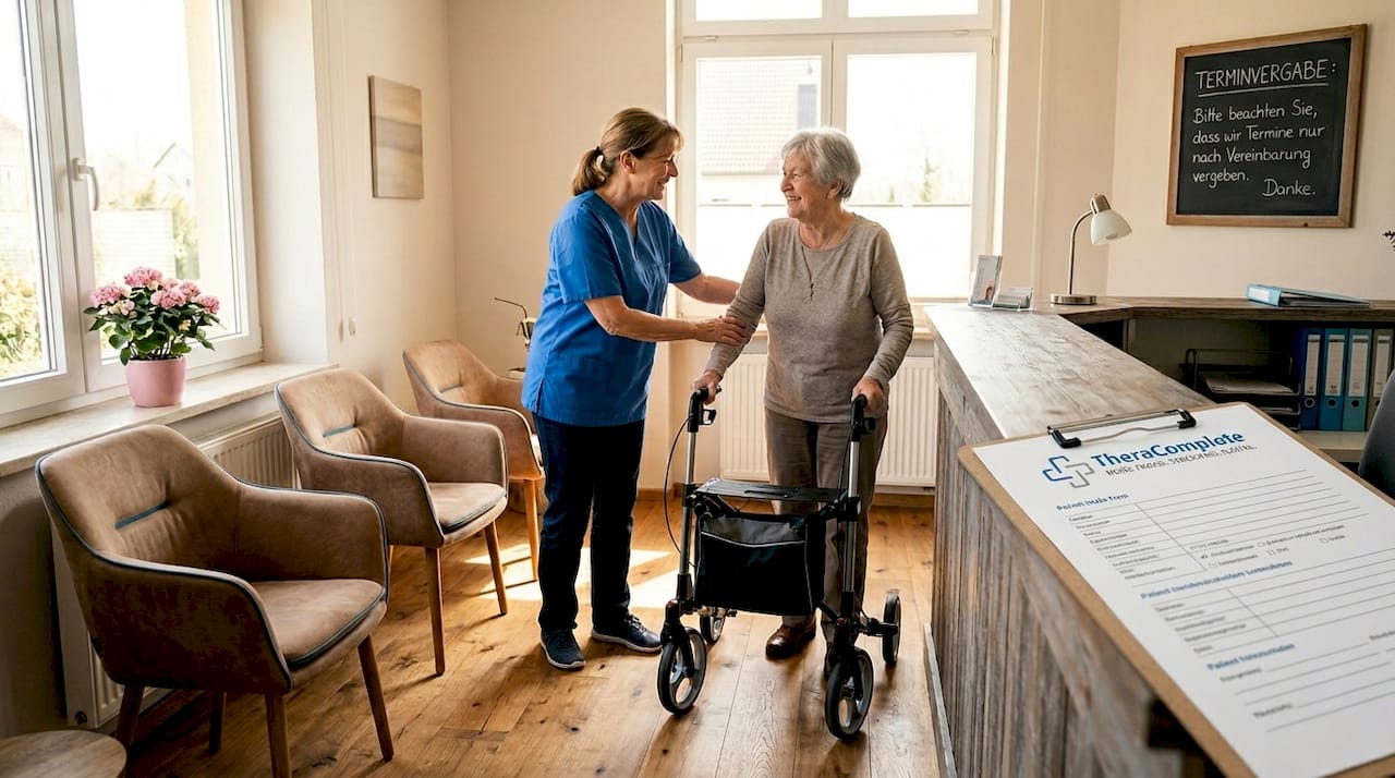 Im Wartebereich heißt die Therapeutin ihre ältere Patientin herzlich willkommen.