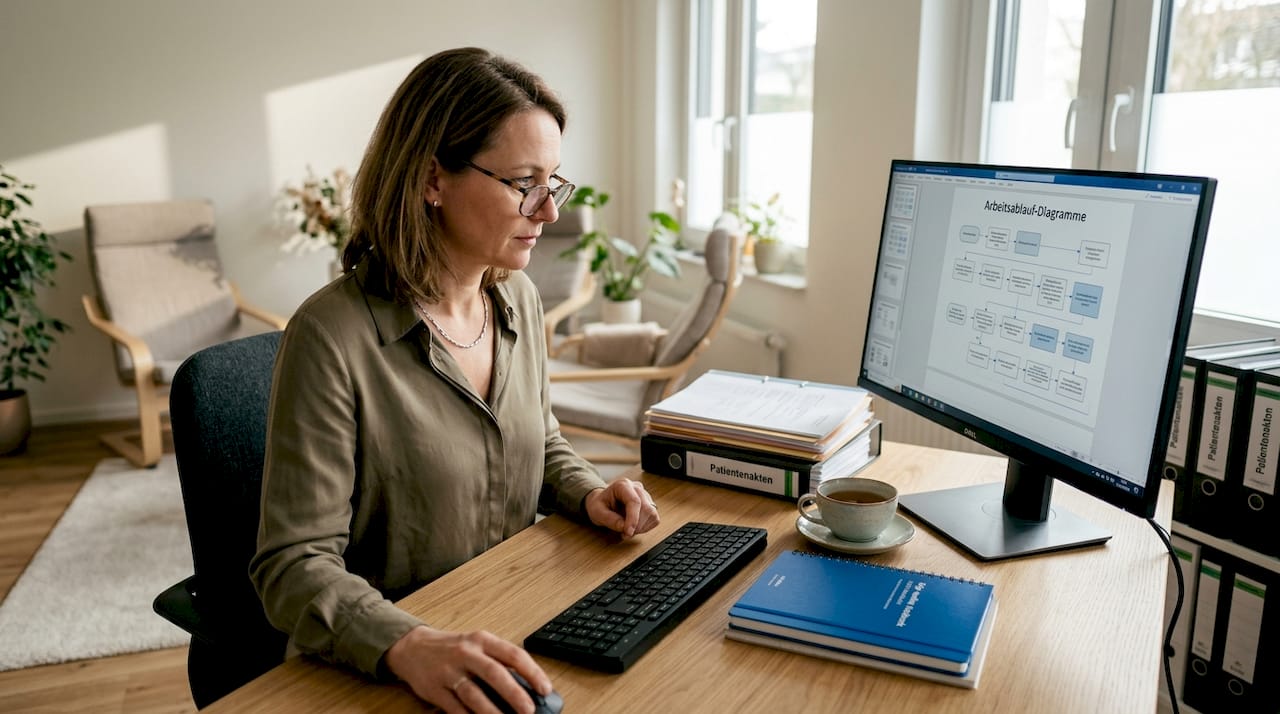 Die Praxismanagerin behält am Schreibtisch den gesamten Arbeitsablauf im Blick.