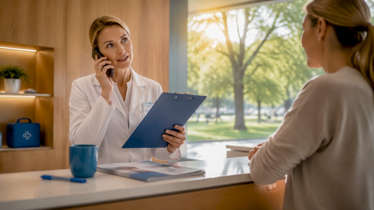 Eine Ärztin spricht am Empfang mit einem Patienten am Telefon.