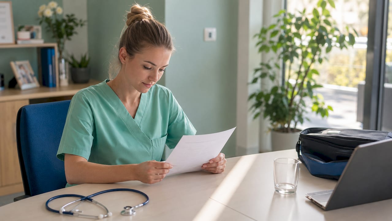 Eine junge Pflegekraft wirft einen prüfenden Blick auf die Patientenakten.