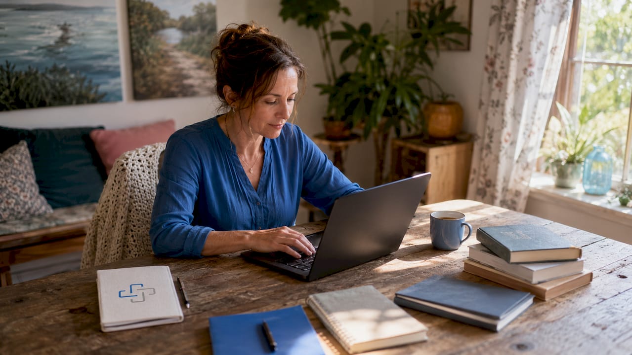 Eine Therapeutin sitzt an ihrem Schreibtisch und kümmert sich um ihr Online-Marketing.
