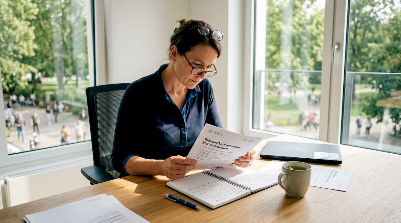 Eine Ärztin informiert sich im Handbuch über die TI-Software für ihre Praxis.